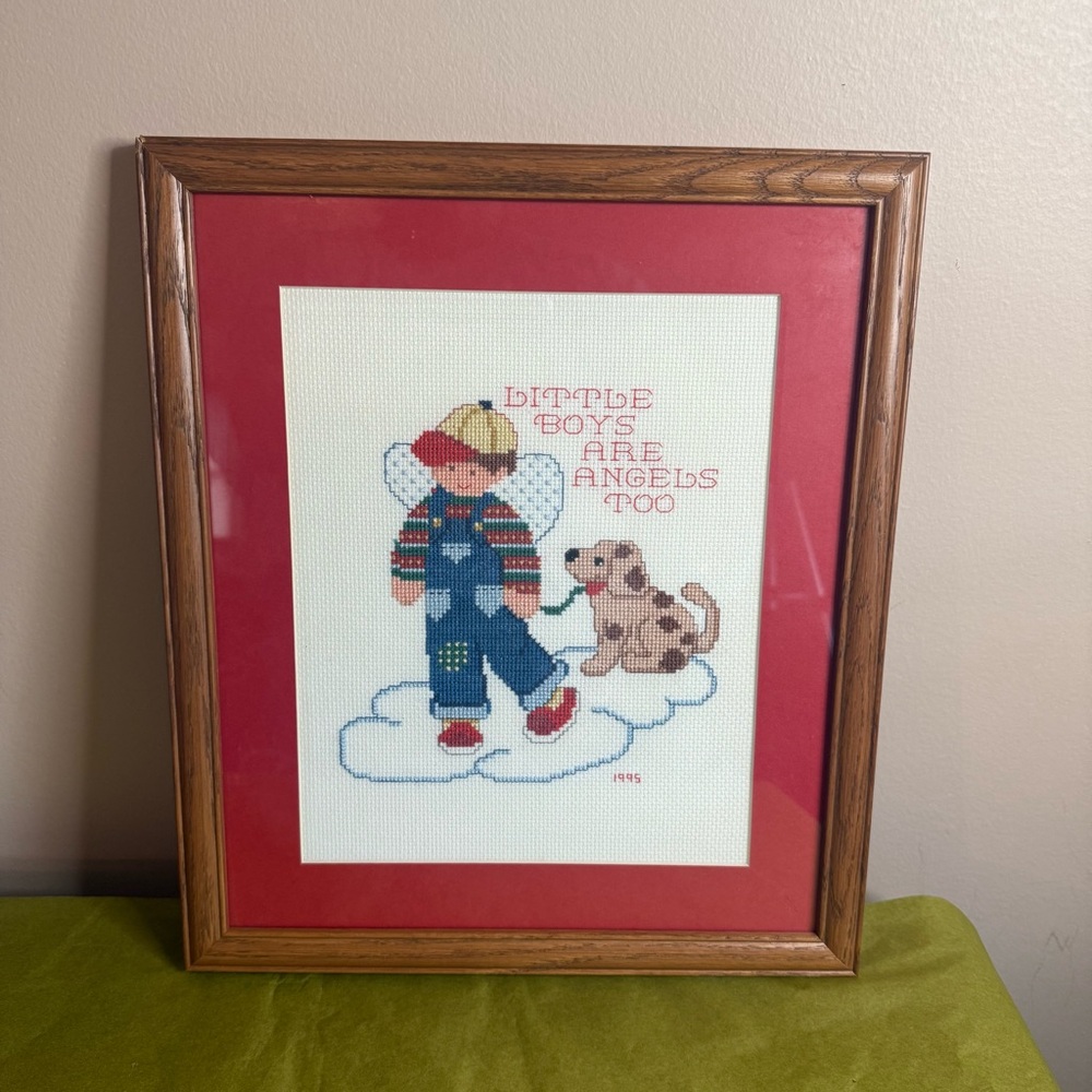 Vintage Framed Cross-Stitch Art with Boy and Dog